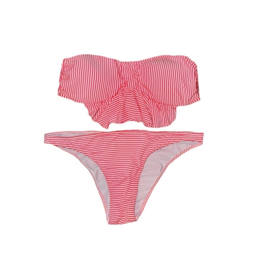 Abercrombie & Fitch Pink Striped Ruffle Bandeau Bikini Set Medium Y2K Preppy
